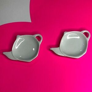 Set of (2) White Porcelain Teapot Shaped Teabag Tidy Holders *CUTE*